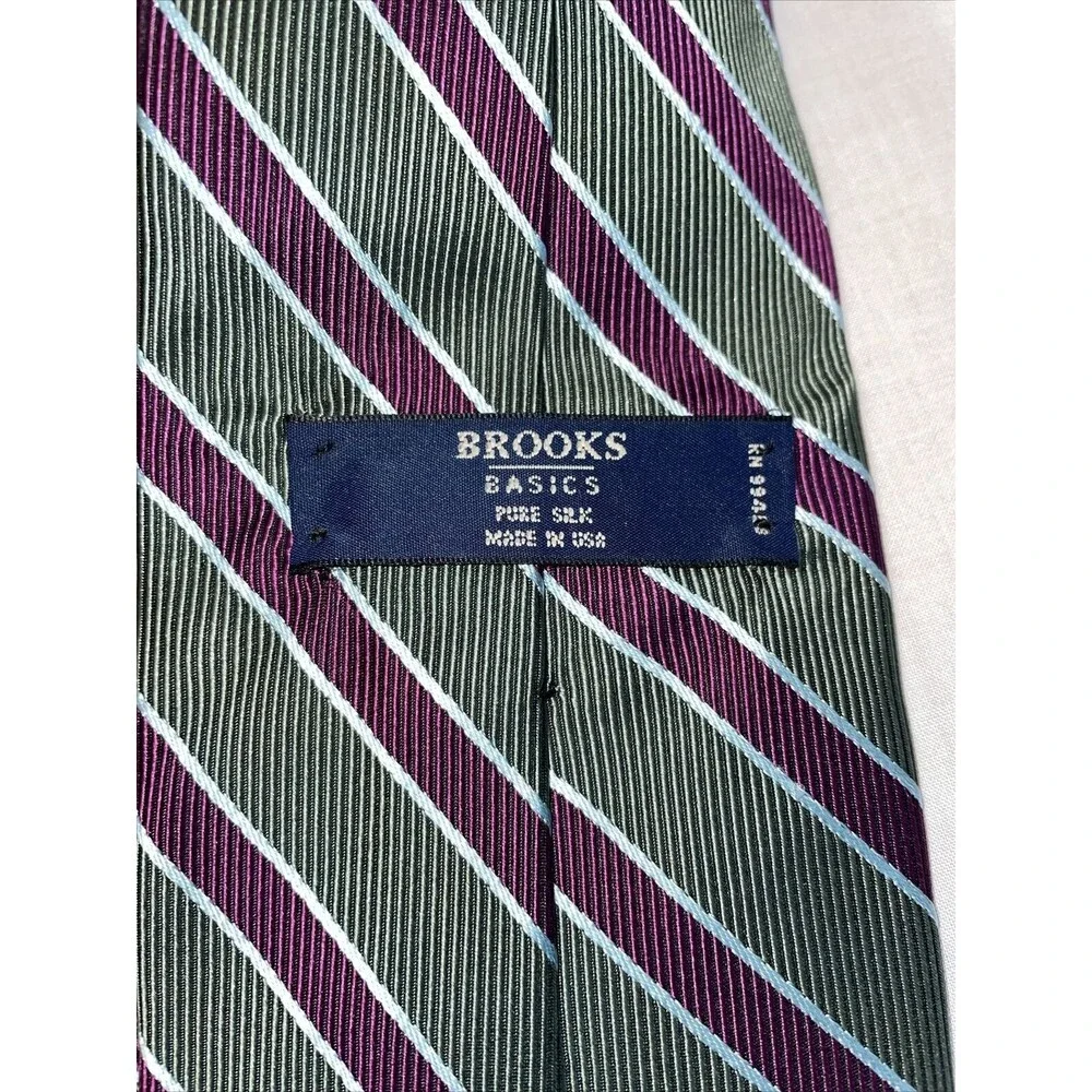 Brooks Basics Men’s Dress Tie Size 58” Green Purple Striped Silk Business Formal